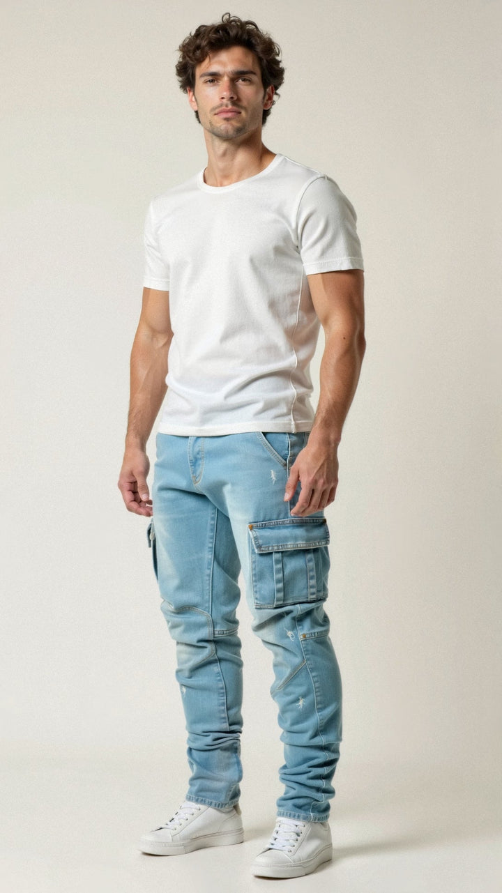 Dehnbare Cargo Jeans in Grau für Herren. Stylische Stretch-Freizeitjeans, bietet Bewegungsfreiheit & Langlebigkeit.