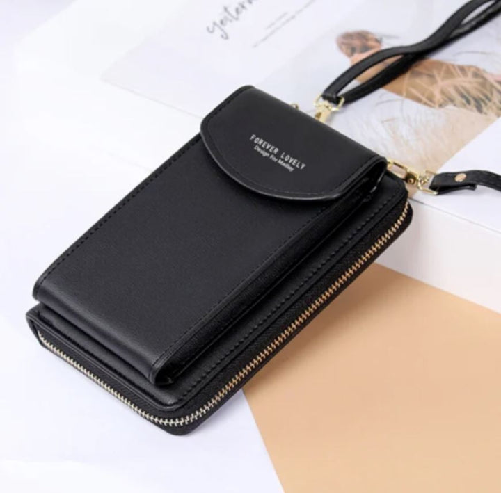 Praktischer Handy-Organizer und Geldbörse in einer Umhängetasche, unisex Design.