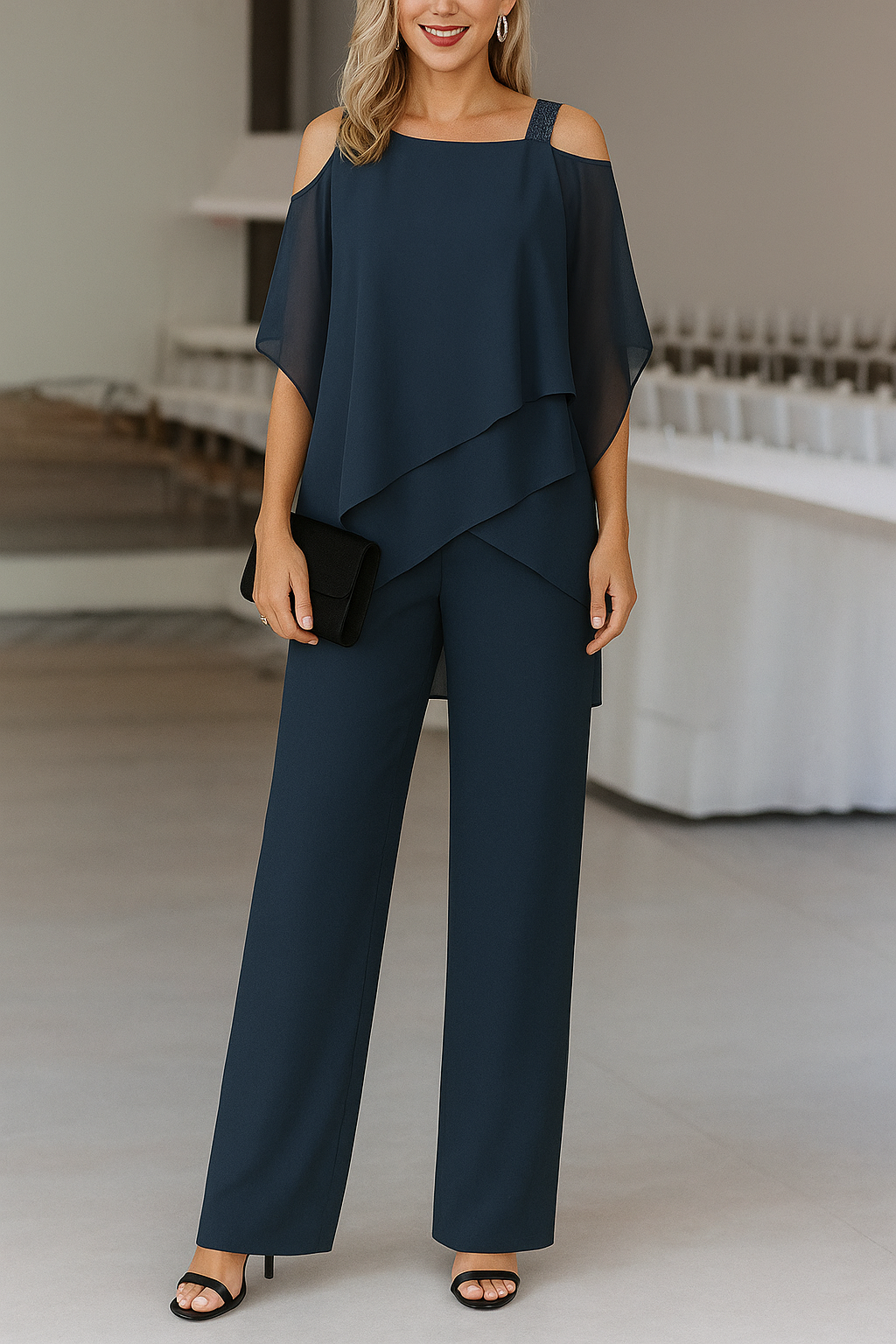 Vielseitiger Damen Jumpsuit mit weitem Bein und Bindegürtel, ideal für stilvolle Büro-Looks und Abendveranstaltungen.