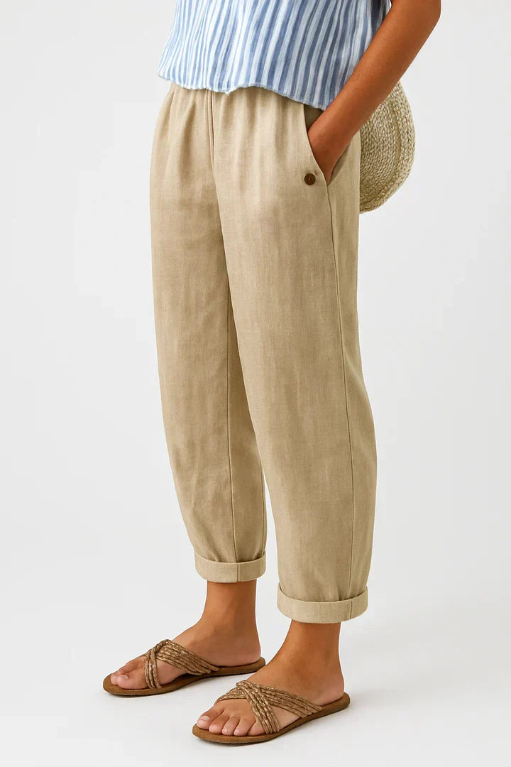 Herren luftige Sommerhose in Beige: Lässige Freizeithose mit elastischem Bund, Seitentaschen und atmungsaktivem Stoff.