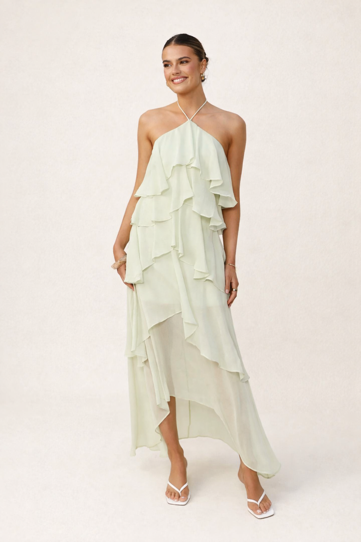 Elegantes Damen Halterneck Maxikleid, lang und rückenfrei, ideal für Hochzeiten und festliche Anlässe.
