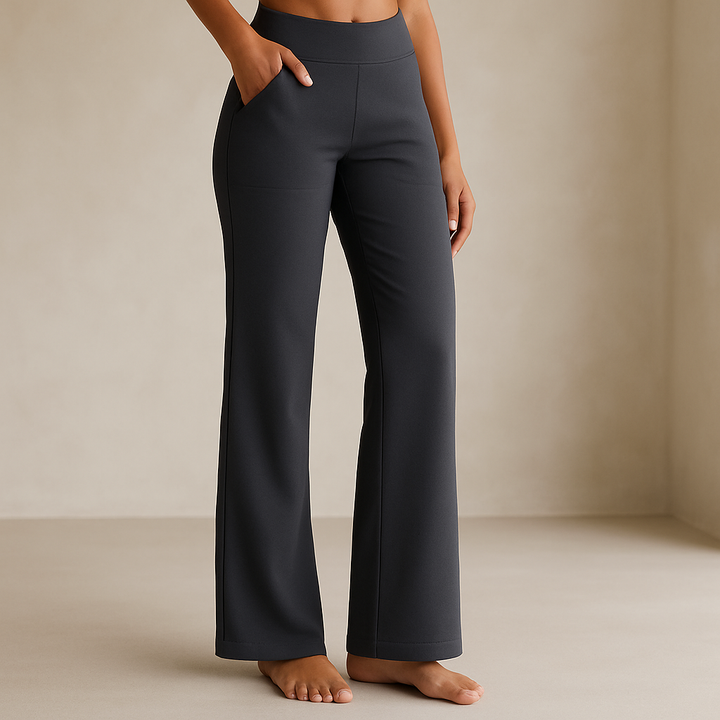 Schlanke Damen Stretchhose schwarz mit bequemem Elastikbund. Ideal als elegante Bürohose oder Freizeithose.