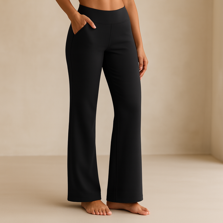 Vielseitige Stretchhose für Damen in Taupe. Slim Fit Design, Komfortabel mit Elastikbund und Seitentaschen.