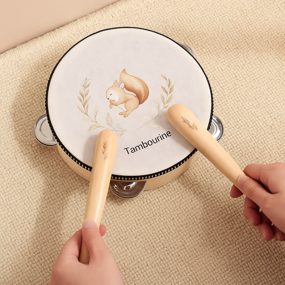 Holz-Musikinstrumente für Kinder: Trommel, Rassel & Handglocke. Ideales Lernspielzeug zur Frühförderung.