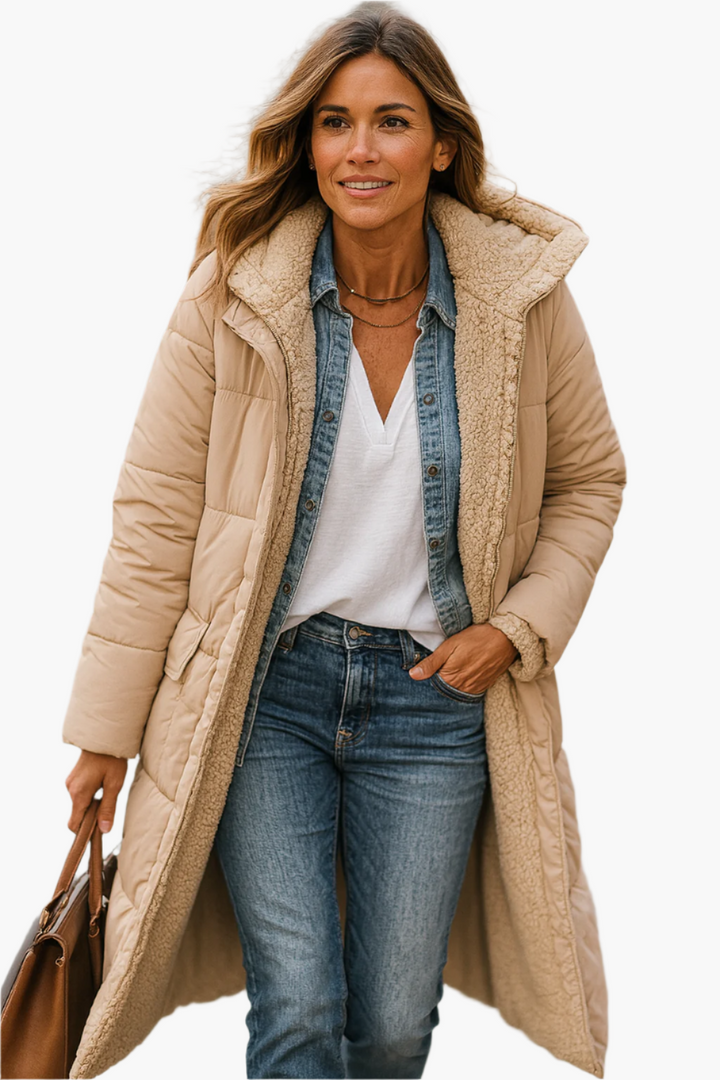 Modische Damen Pufferjacke mit Kapuze, warm gefüttert, ideal als Winter- oder Übergangsjacke.