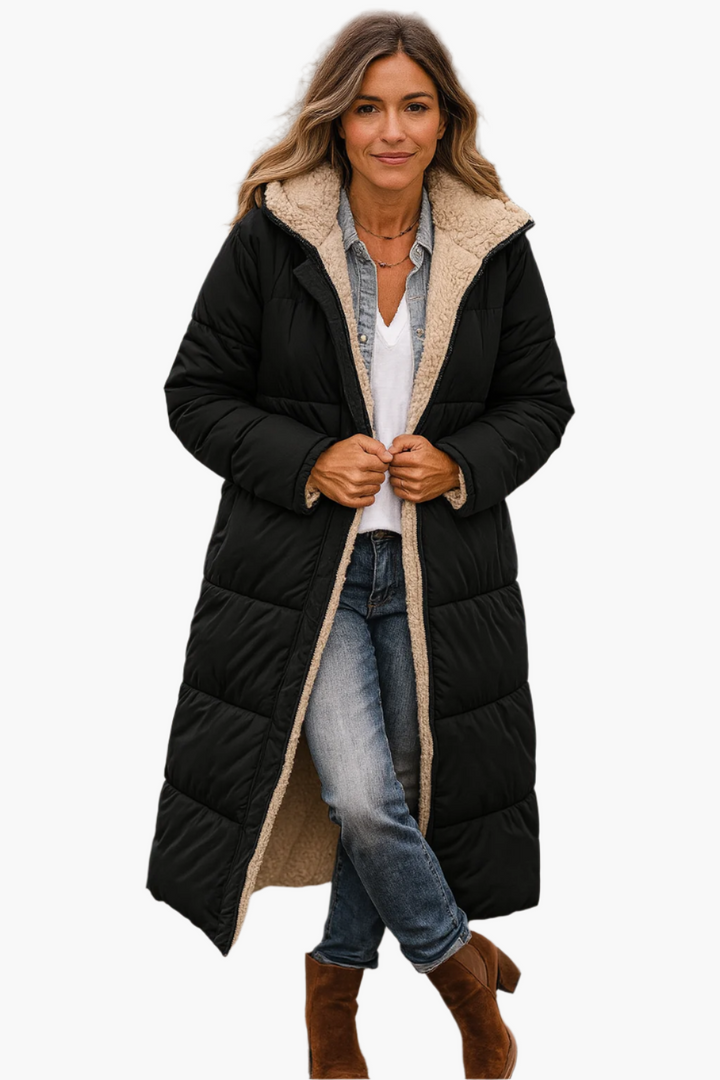 Elegante Damen Pufferjacke mit Kapuze für den Winter, warm & stilvoll, ideal für kalte Tage.