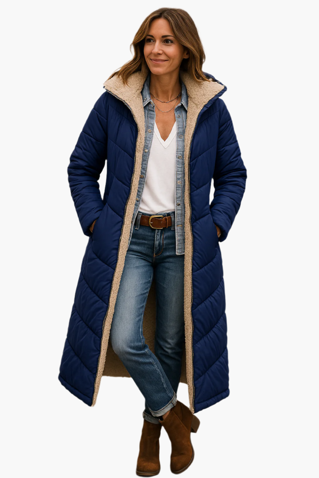 Warme Longline Pufferjacke für Damen, mit Kapuze, bietet bequemen Kälteschutz im Herbst & Winter.