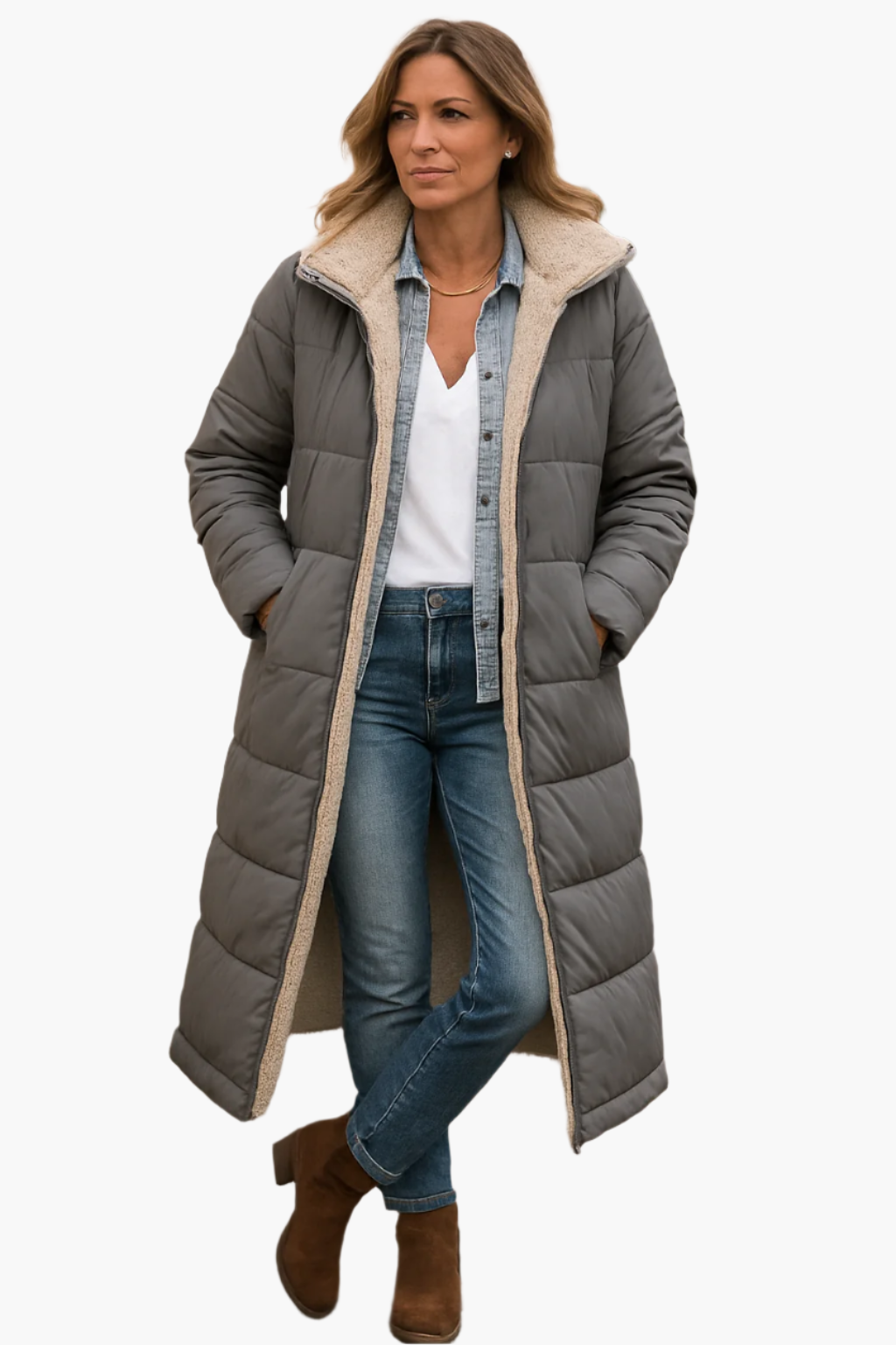 Stilvolle Damen Outdoor-Pufferjacke mit Kapuze, elegant & warm, perfekt für Winter & Übergangszeit.