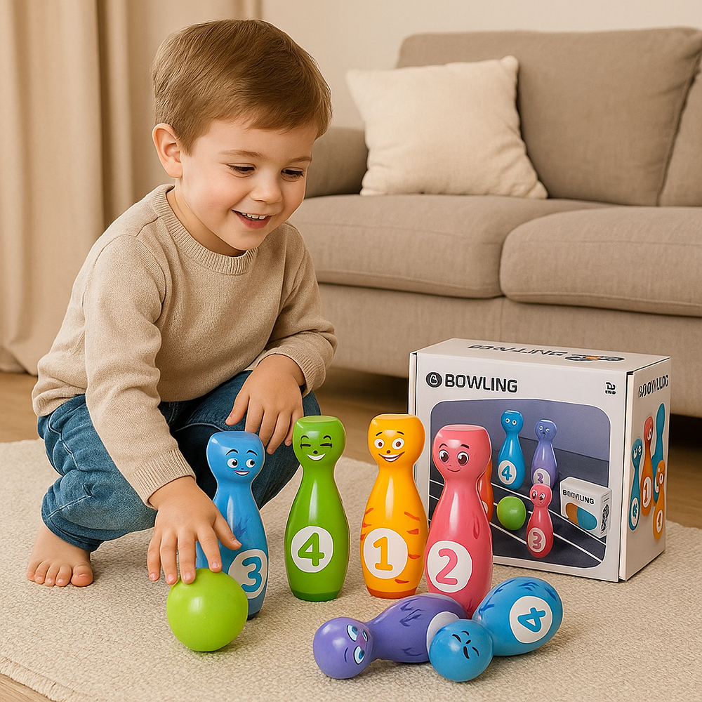 Nahaufnahme eines Kinder Bowling Sets: Farbenfrohe Cartoon-Kegel & Ball, perfekt für Indoor- & Outdoor-Familienspiele.
