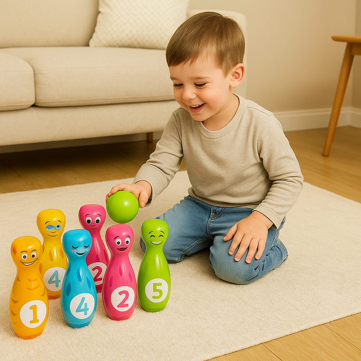 Glückliche Kinder spielen mit dem Cartoon-Bowling Set. Fördert Koordination, Motorik & Bewegung für drinnen & draußen.