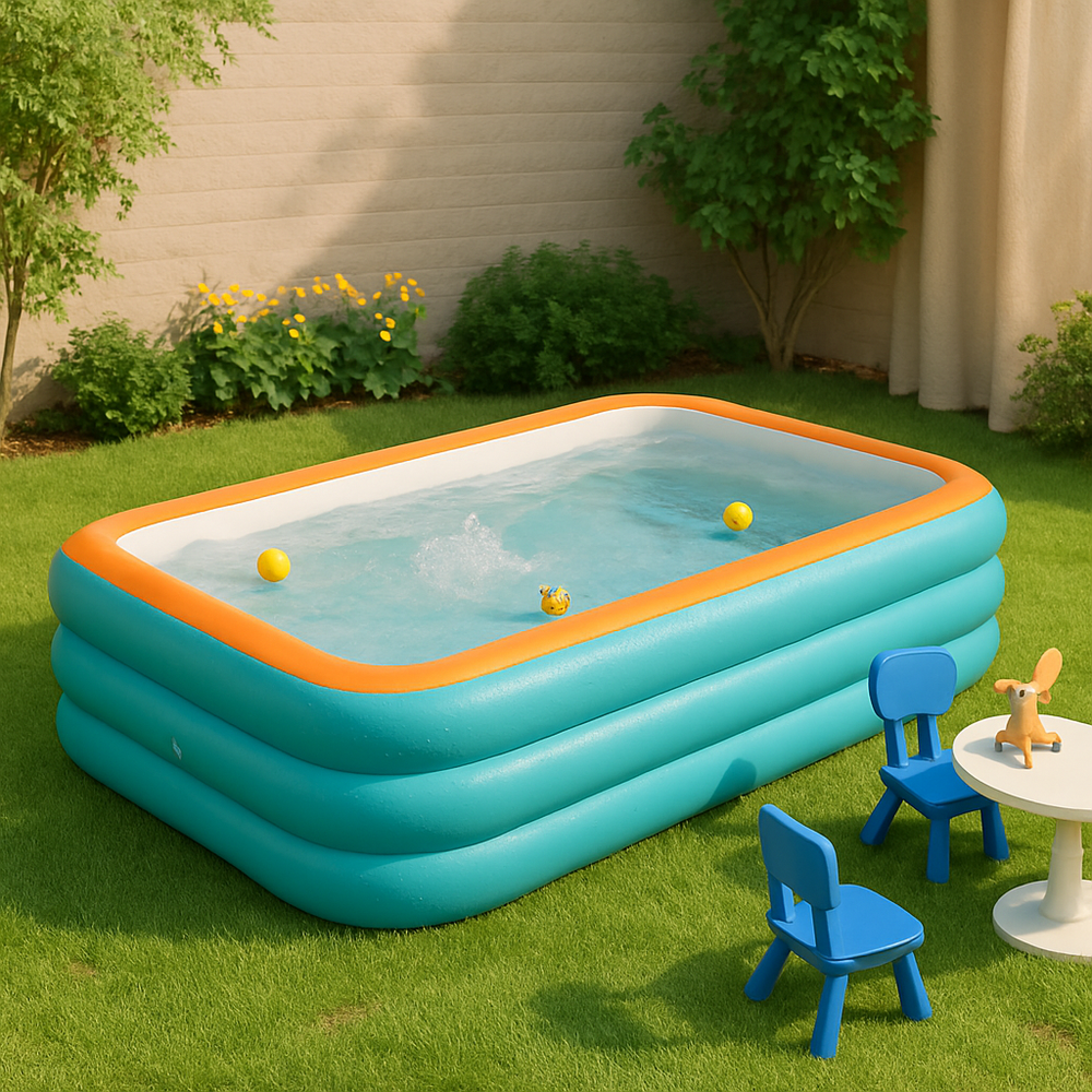 Aufblasbares Familien-Planschbecken für Garten, robuster Sommerpool für Kinder und Erwachsene mit viel Wasserspaß.