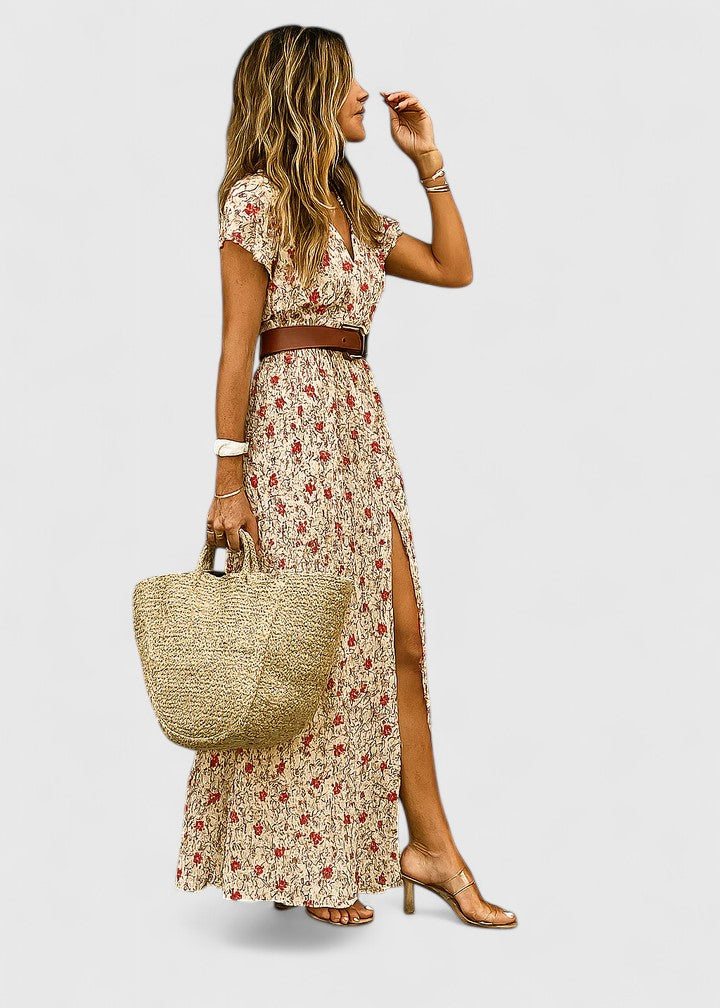 Lässiges Damen Strandkleid, Maxikleid im Boho-Stil mit V-Ausschnitt. Ideal für Sommer, Urlaub und Freizeit.