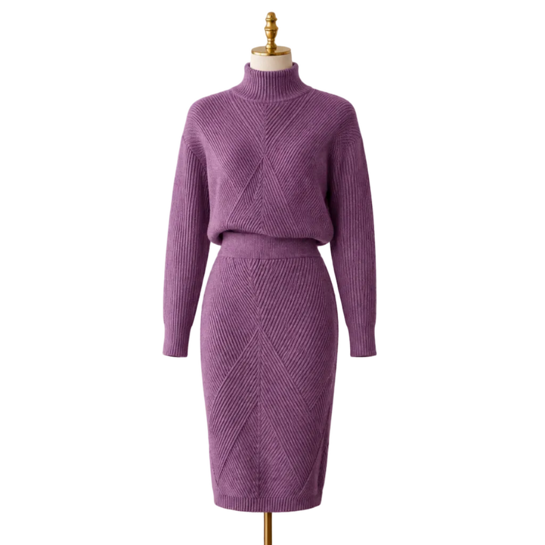 Damen Strickset für den Winter: Gemütlicher Rollkragenpullover & komfortable Hose, perfekt für zu Hause.