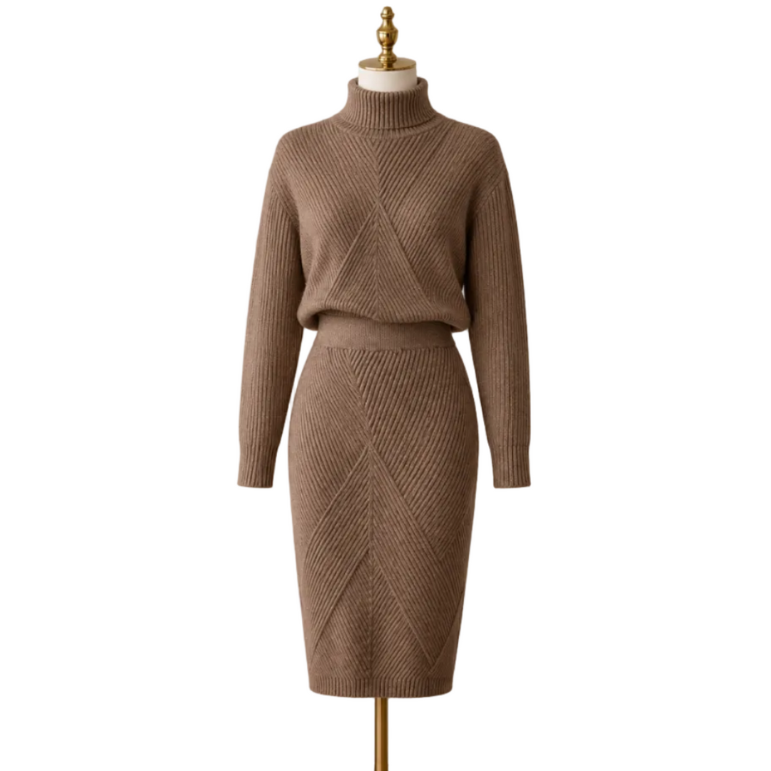 Damen Strick-Homewear Set: Kuscheliger Rollkragenpullover und bequeme Strickhose für entspannte Stunden.