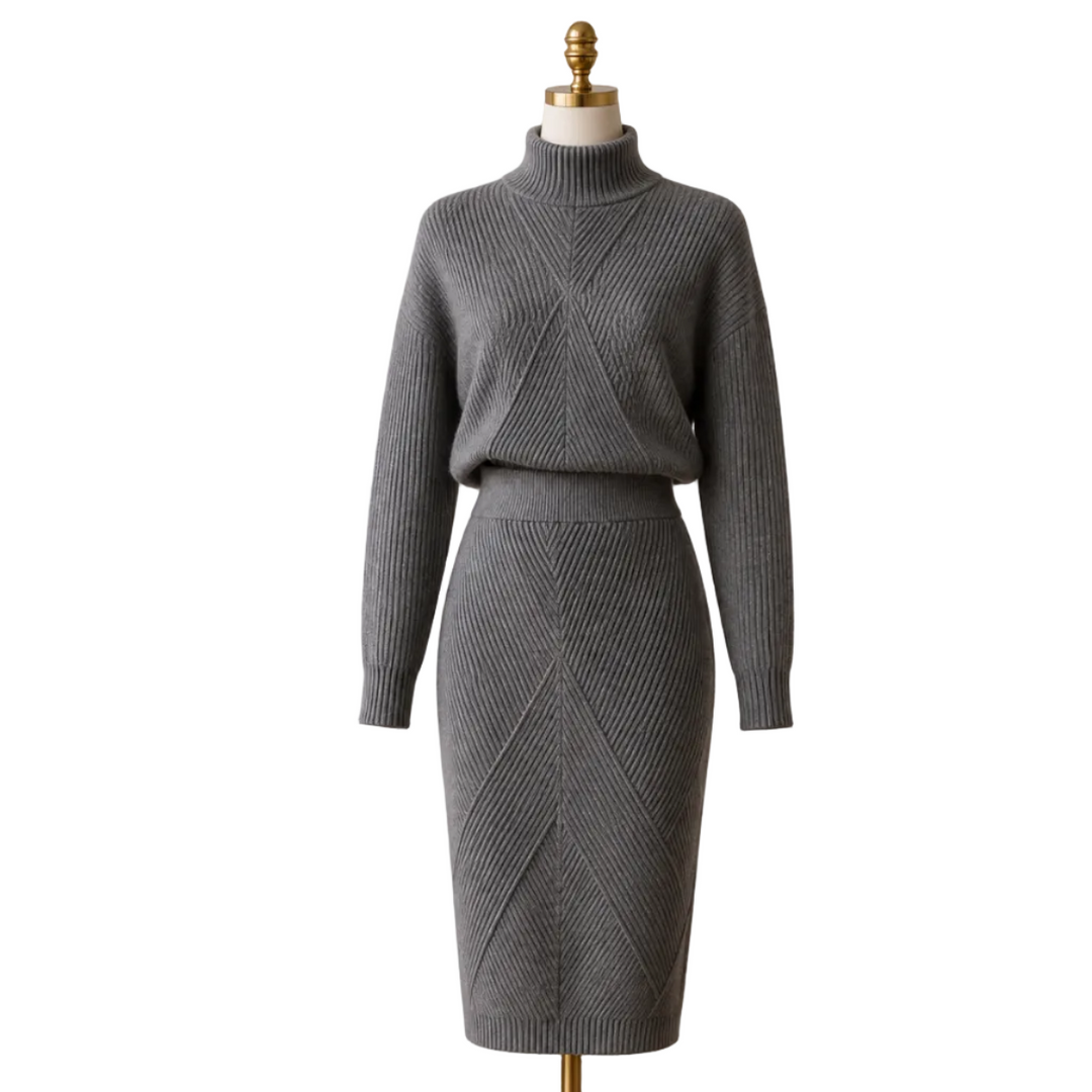 Elegantes Damen Strickset mit weichem Rollkragenpullover und bequemer Hose, ideal für Freizeit & Homewear.