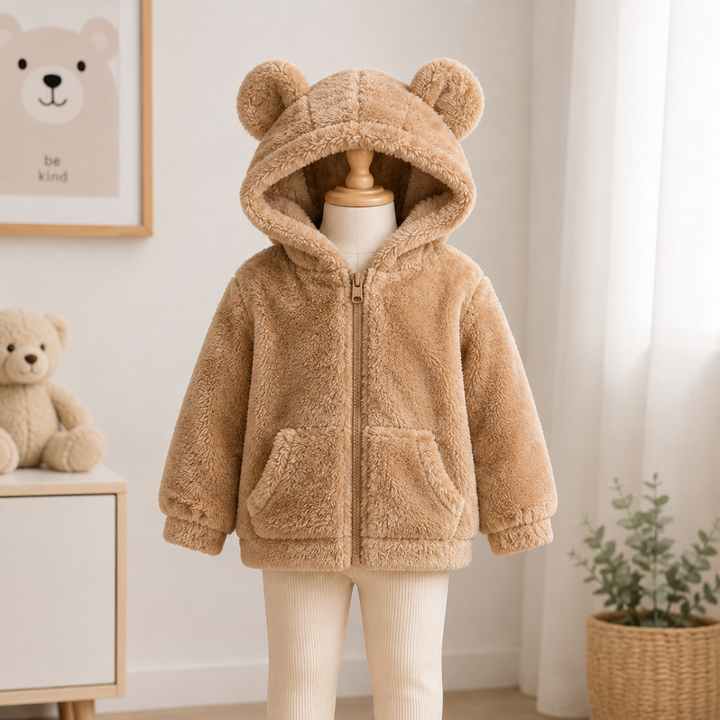 Fröhliches Baby trägt warme, kuschelige Teddyjacke. Ideal als Kinderjacke für Herbst & Winter Outdoor-Aktivitäten.
