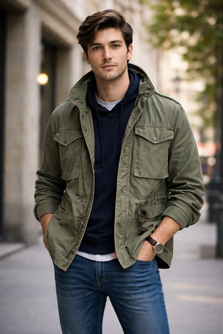 Robuste, schwarze Herren Feldjacke mit Kapuze, winddicht und wetterfest für Outdoor-Aktivitäten.