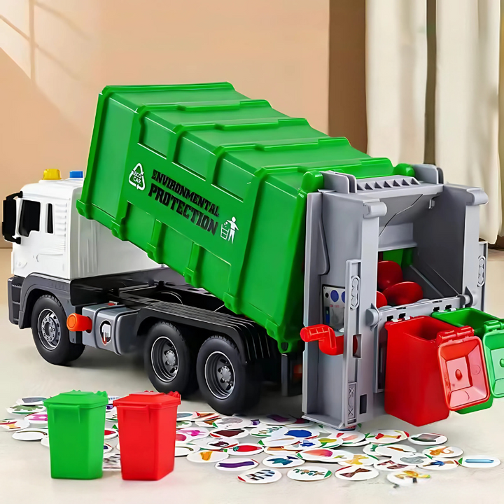 Kinderspielzeug-Müllwagen mit Sound und Licht, das Kindern interaktiv Umweltschutz und Recycling lehrt.