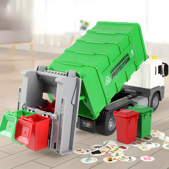 Interaktiver Lern-Müllwagen aus robustem ABS-Kunststoff, ideal für spielerisches Recycling-Lernen bei Kindern.