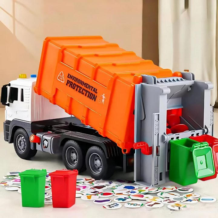 Spielzeugauto Müllwagen fördert interaktiv das Umweltbewusstsein und spielerische Recycling bei Vorschulkindern.