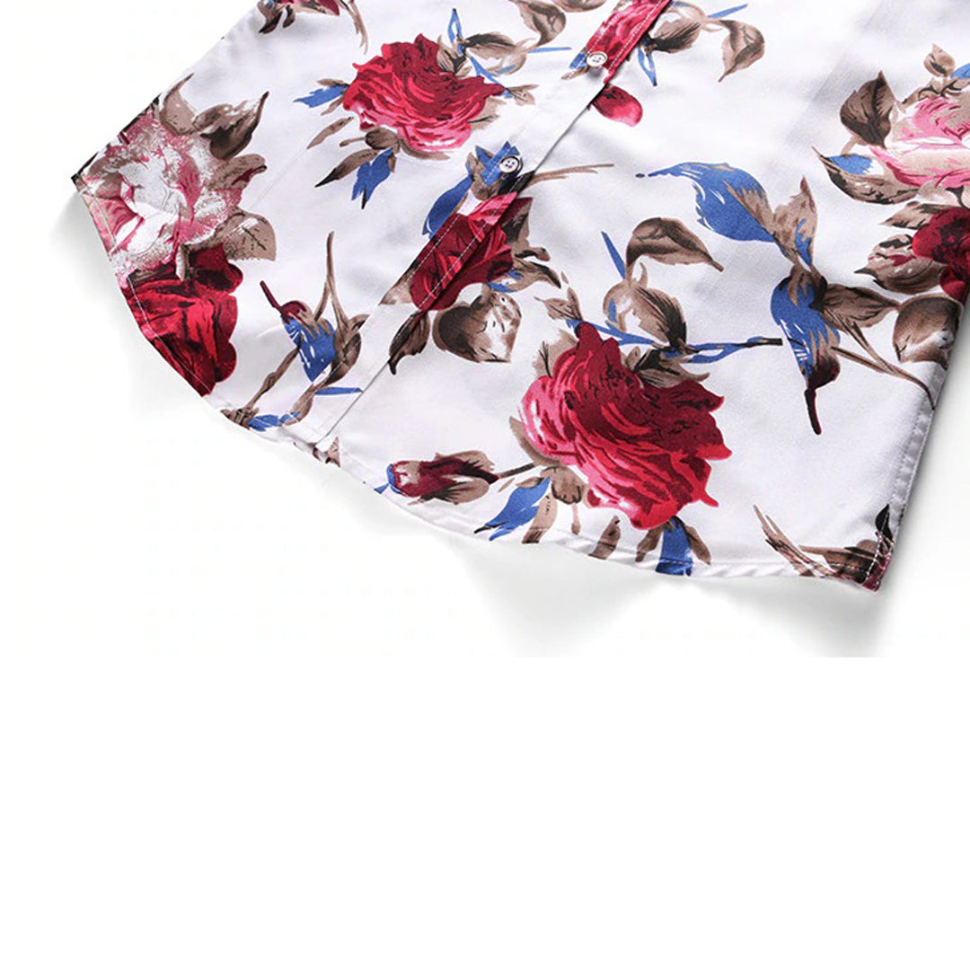 Nahaufnahme des Kragens vom Herren Blumenmuster Hemd Finn, zeigt das feine Design.
