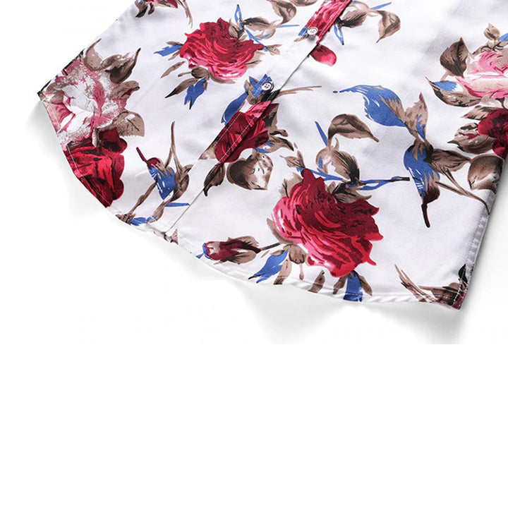 Nahaufnahme des Kragens vom Herren Blumenmuster Hemd Finn, zeigt das feine Design.