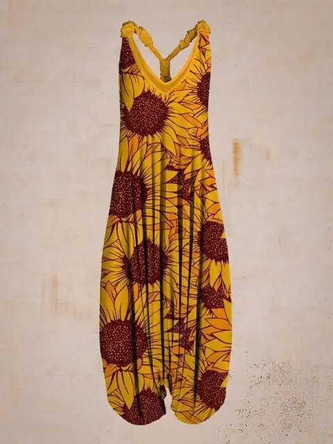 Damen Boho Sommer Jumpsuit in Übergrößen mit verstellbaren Trägern, stilvoll & bequem.