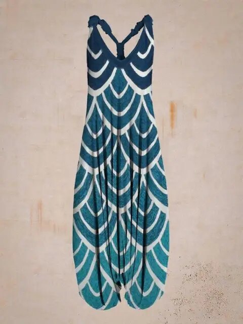 Fließender Damen Maxi Jumpsuit im Boho-Look, super bequem & luftig für heiße Sommertage.