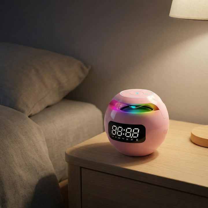 Kompakter Bluetooth-Lautsprecher mit digitalem Wecker, LED-Anzeige und kabelloser Musikwiedergabe.