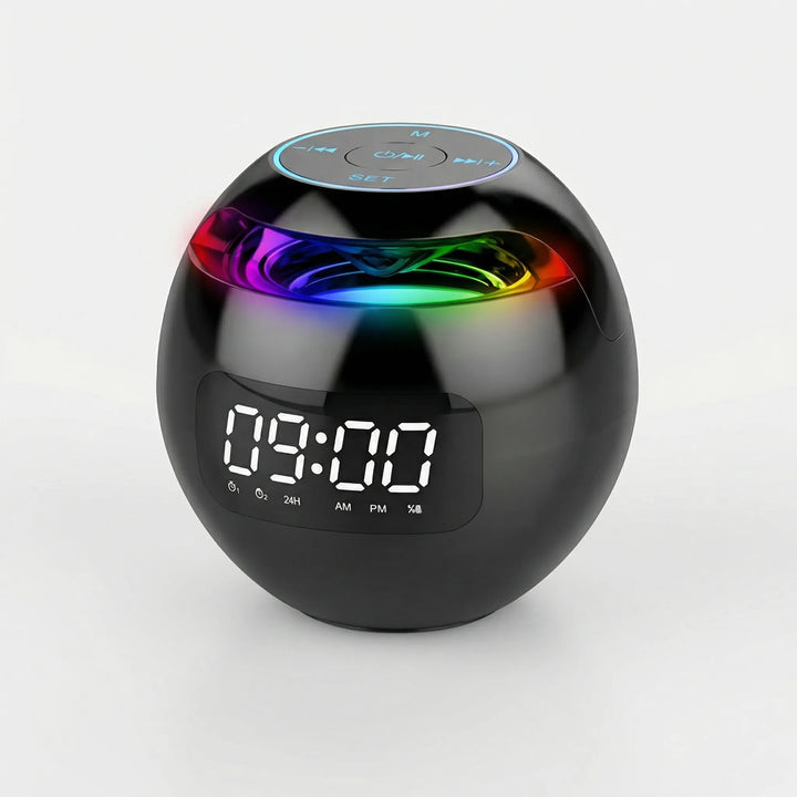 Eleganter Smart Home Bluetooth-Lautsprecher mit LED-Wecker und dimmbarem Nachtlicht für moderne Wohnbereiche.