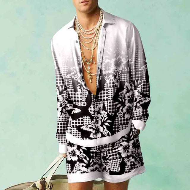 Herren Sommer Outfit "Fabio": Kurzarmhemd & Shorts in Seidenoptik, ideal für Freizeit & Urlaub.