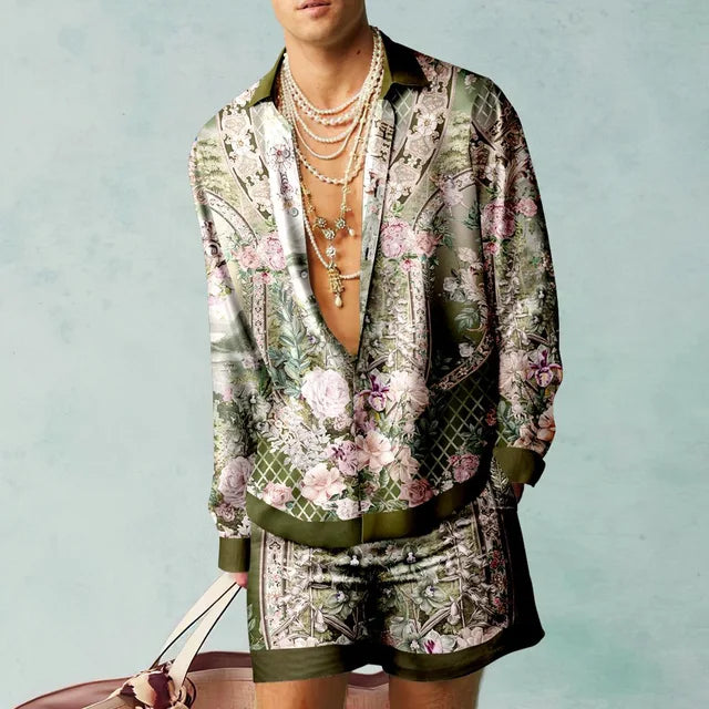 Stilvolles Herren Sommer Outfit "Fabio": Kurzarmhemd & Shorts mit tropischem Design für jede Freizeitaktivität.