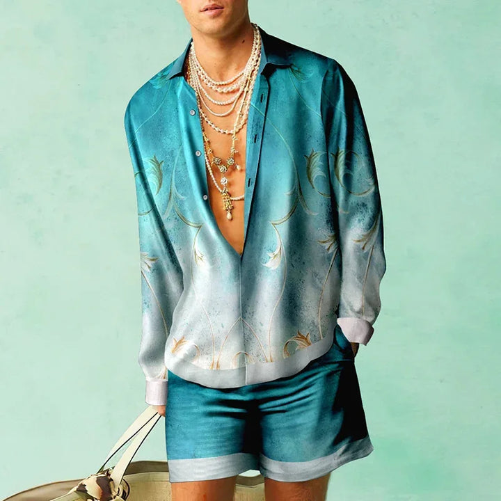 Trendiges Herren Kurzarmhemd des Hawaii Sets "Fabio" mit lebhaftem tropischem Muster.