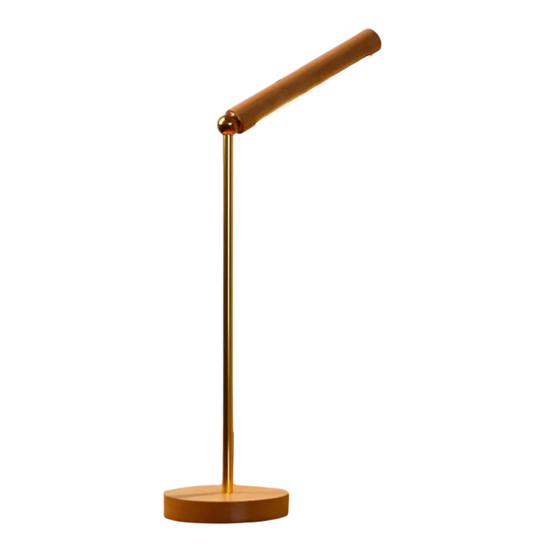 Flexible LED-Tischlampe WoodLume aus Holz mit warmem Licht, ideal für stilvolle Ambientebeleuchtung im Zuhause.