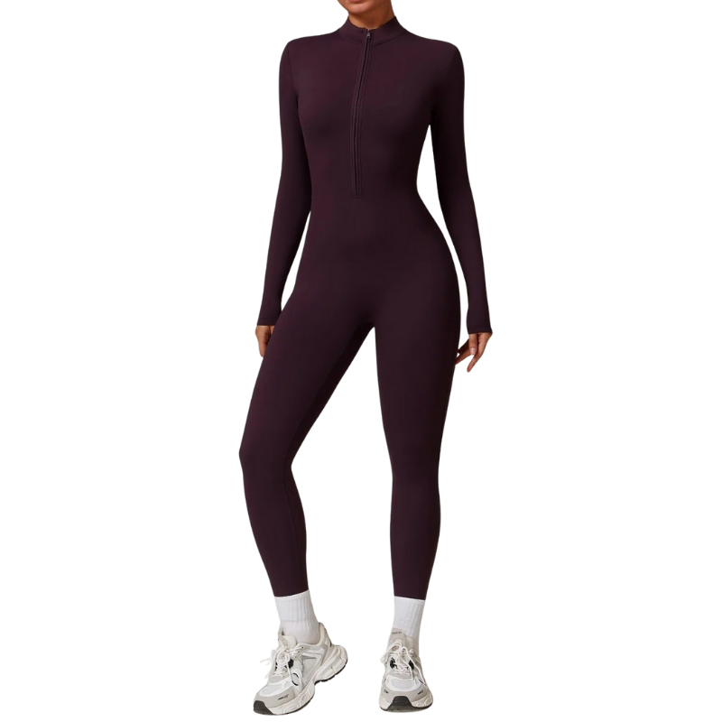 Eleganter Damen Jumpsuit Stephanie mit hohem Kragen & Reißverschluss. Figurbetonter Overall, ideal für Alltag & Freizeit.