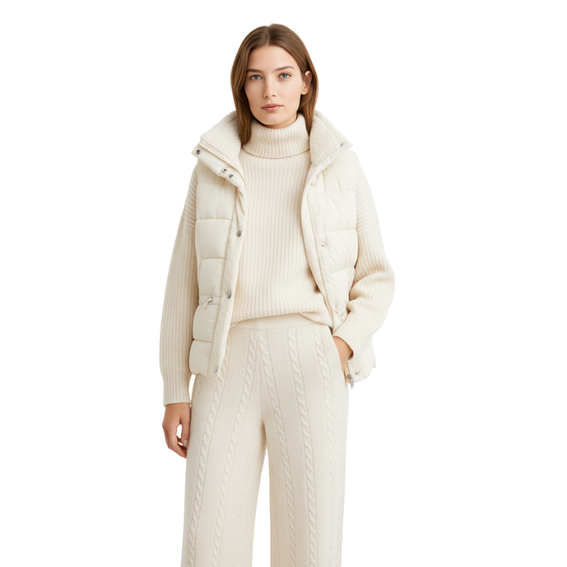 Damen Winterset: warmer Rollkragenpullover, Daunenjacke & Hose. Komplettes dreiteiliges Winteroutfit.