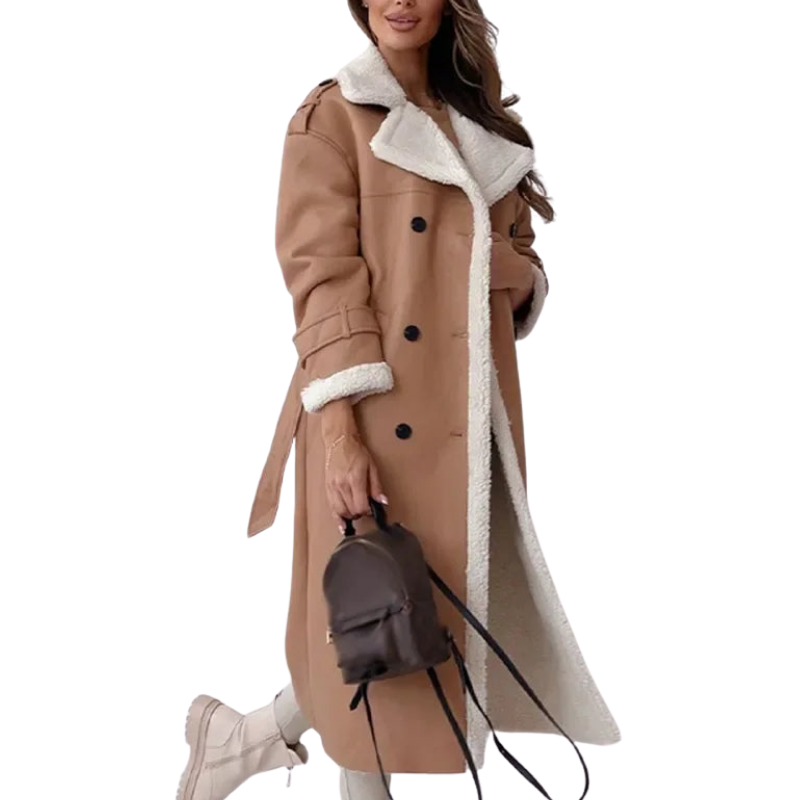 Hochwertiger, eleganter langer Damen Wintermantel, luxuriöser Wärmeschutz; stilvolle Damenmode für den anspruchsvollen Winter.