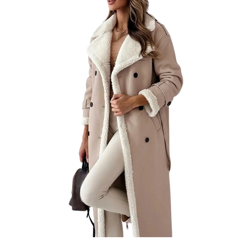 Langer, warmer Wintermantel für Damen mit Reverskragen, eleganter Stil für Winteroutfit; Kälteschutz und Damenmode.