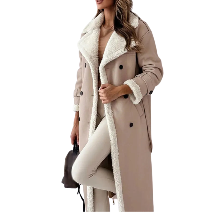 Langer, warmer Wintermantel für Damen mit Reverskragen, eleganter Stil für Winteroutfit; Kälteschutz und Damenmode.