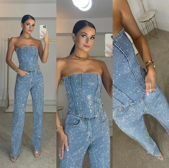 Detailansicht des glitzernden Damen Hosensets mit stylischer High-Waist-Jeans. Perfekt für festliche Events.