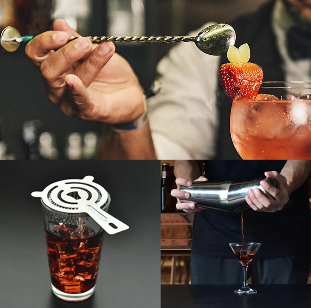 23-teiliges professionelles Bartender-Set ShakerPro in einer modernen Bar. Hochwertiges Cocktailset für die Küche.
