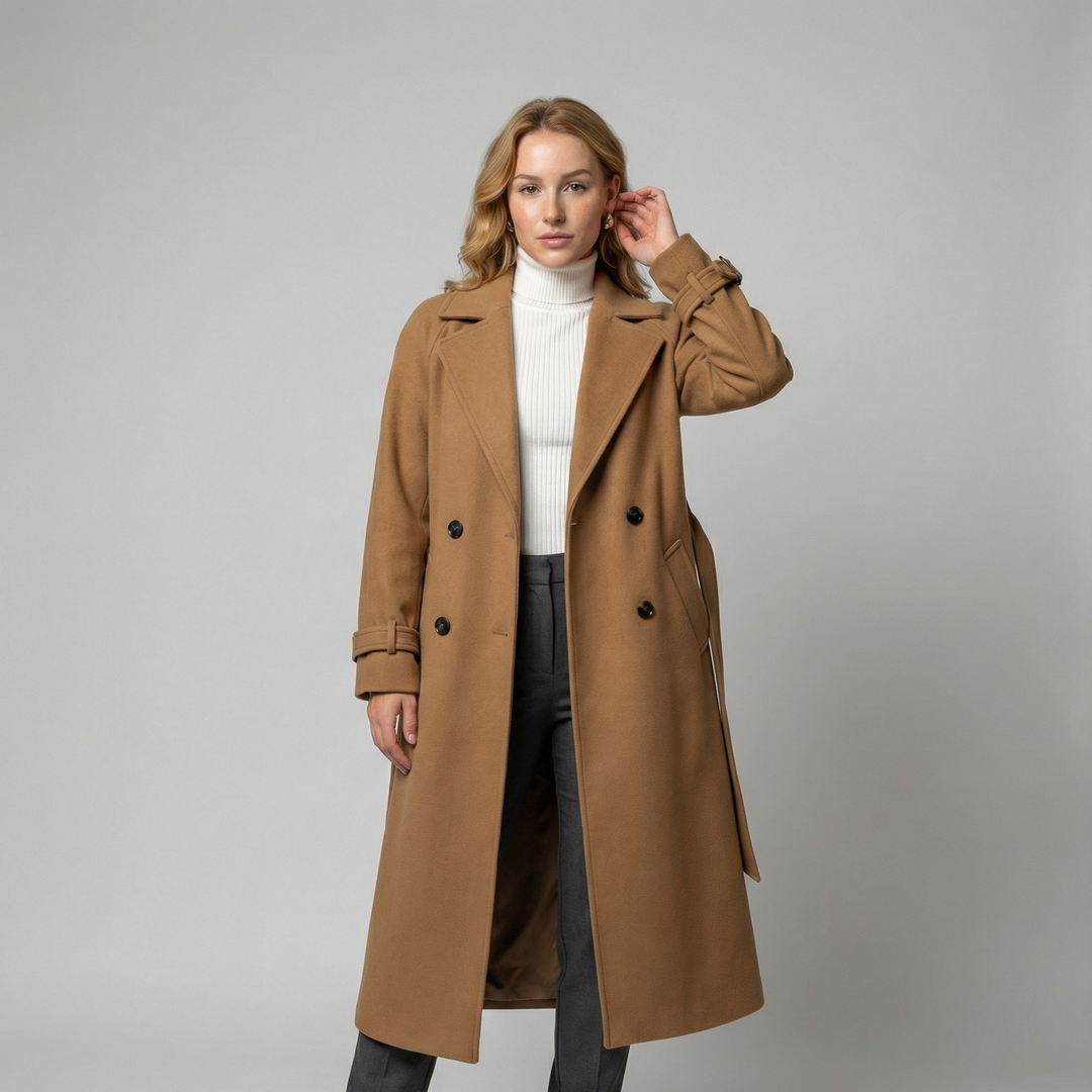 Langer Damen Herbstmantel mit klassischer doppelreihiger Front. Ideal für elegante Oberbekleidung.