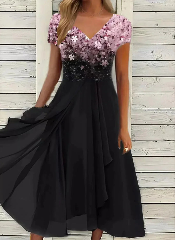 Florales elegantes Damen Cocktailkleid Midi mit V-Ausschnitt, taillenbetont für festliche Anlässe.