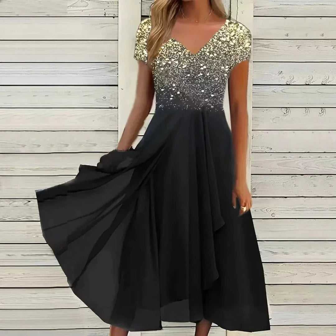 Festliches Damen Partykleid, elegantes Midikleid mit V-Ausschnitt, Kurzarm und fließendem Schnitt.
