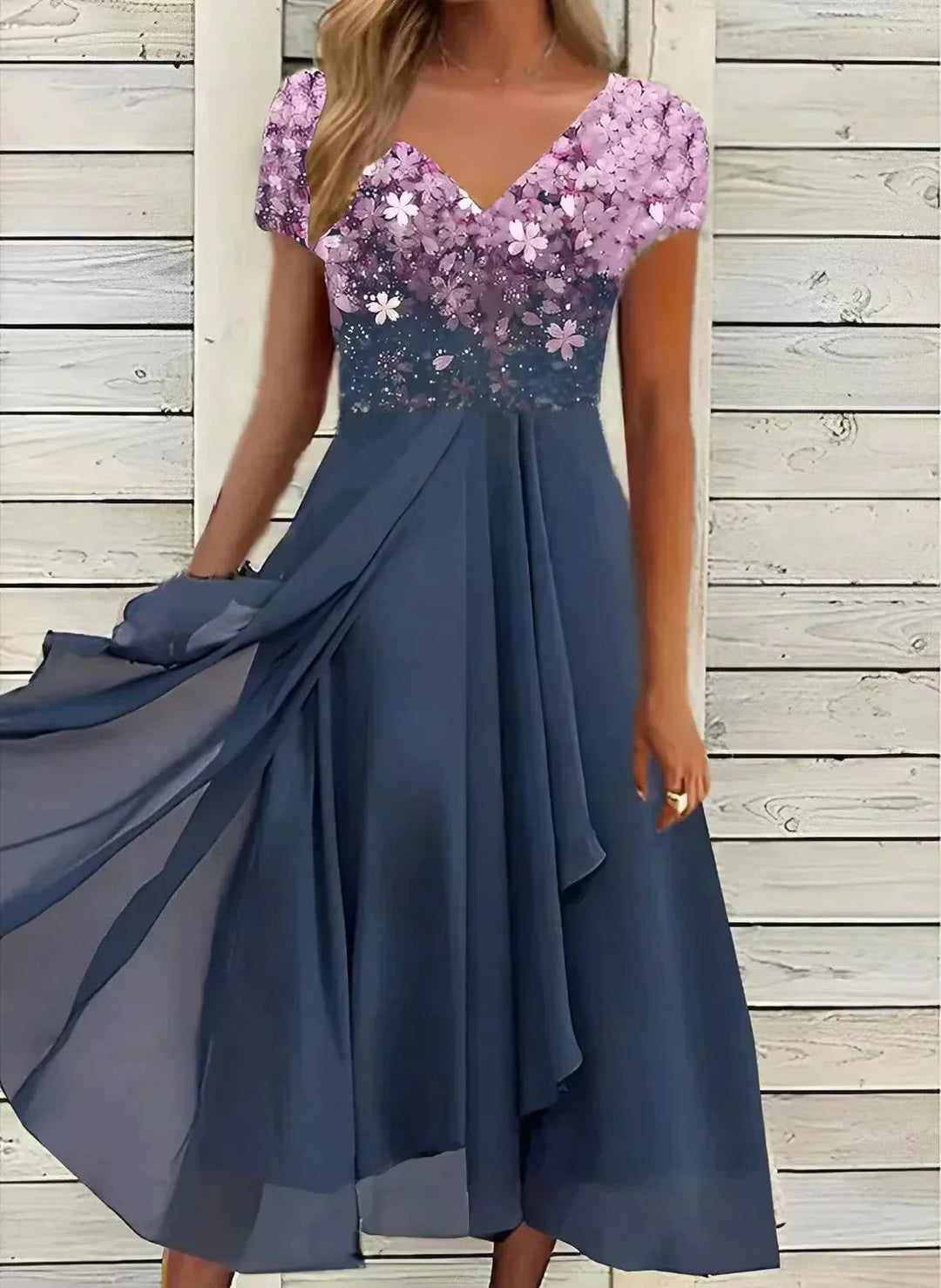 Taillenbetontes Damen Abendkleid Midi mit schwingendem Rock, elegant, V-Ausschnitt, perfekt für Feste.
