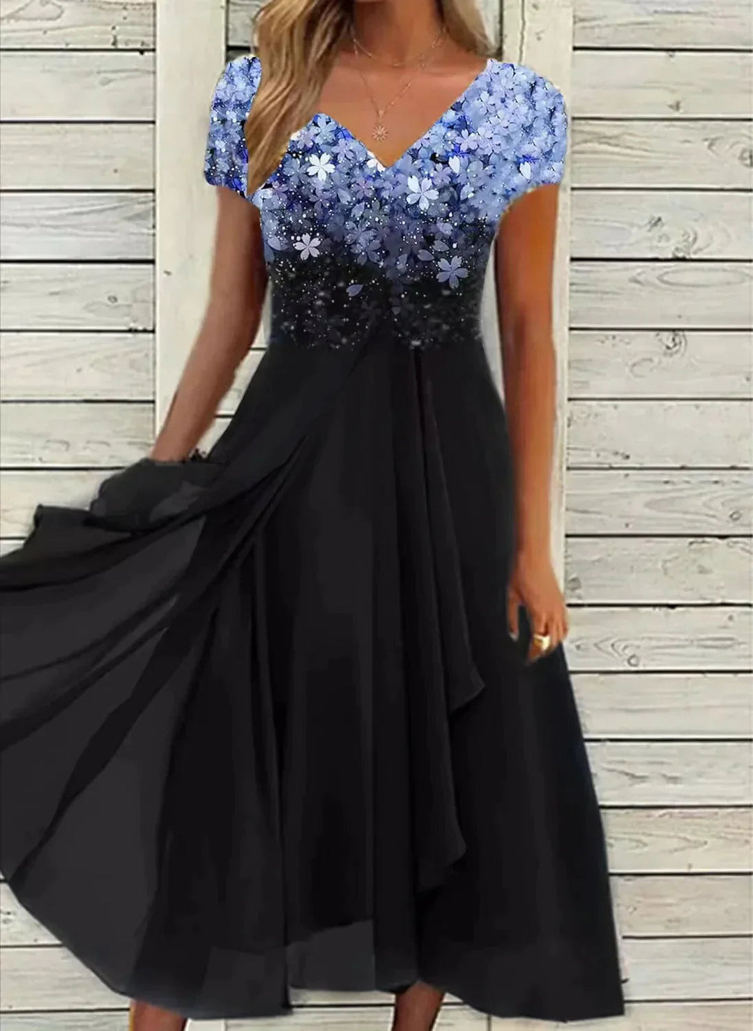 Elegantes Damen Midi Abendkleid mit V-Ausschnitt, taillenbetont und schwingendem Rock.