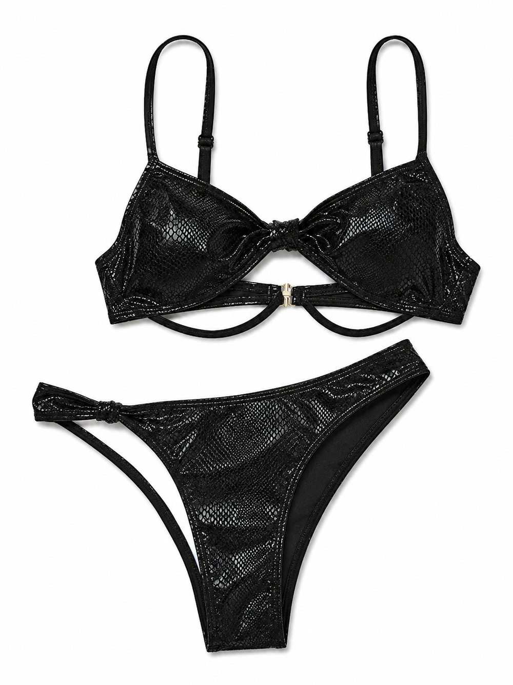 Damen High Waist Bikini Set mit Metallic-Schlangen-Print, stylischem Twist-Detail und sexy Cut-Out. Perfekt für den Strand.