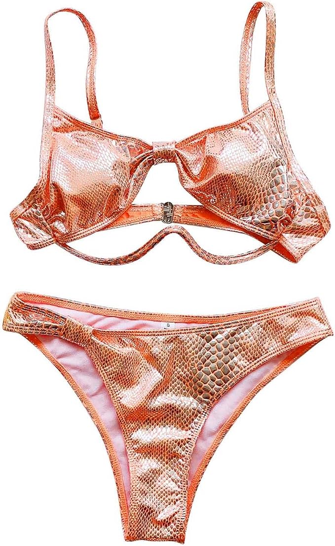 Glamouröses Damen Bikini Set mit Metallic-Schlangen-Print und Cut-Out für einen unwiderstehlichen Strandlook im Sommer.