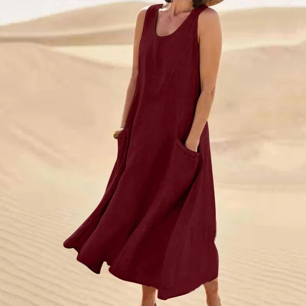 Vielseitiges Damen Leinenoptik A-Linien Kleid, ärmellos, mit Taschen, perfekt für Alltag und Urlaub.