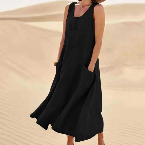Leichtes Damen Midi-Kleid in Leinenoptik, ärmellos, mit Taschen, ideal für heiße Sommertage.